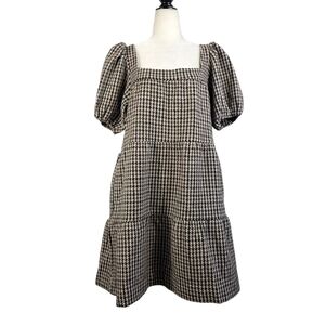En Saison  Wool blend Hounds Tooth Pattern puff sleeves tiered Dress